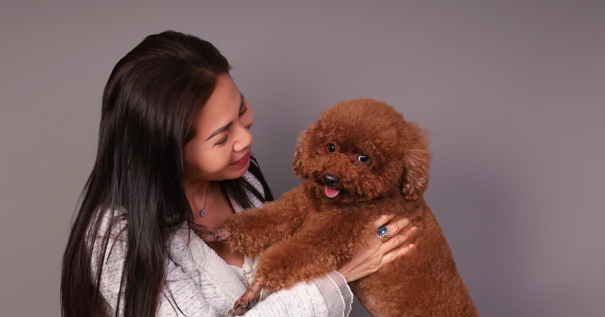  A woman smiles lovingly at an adorable brown Poodle in her arms, set against a gray backdrop in a photoshoot at Petcial Studio.